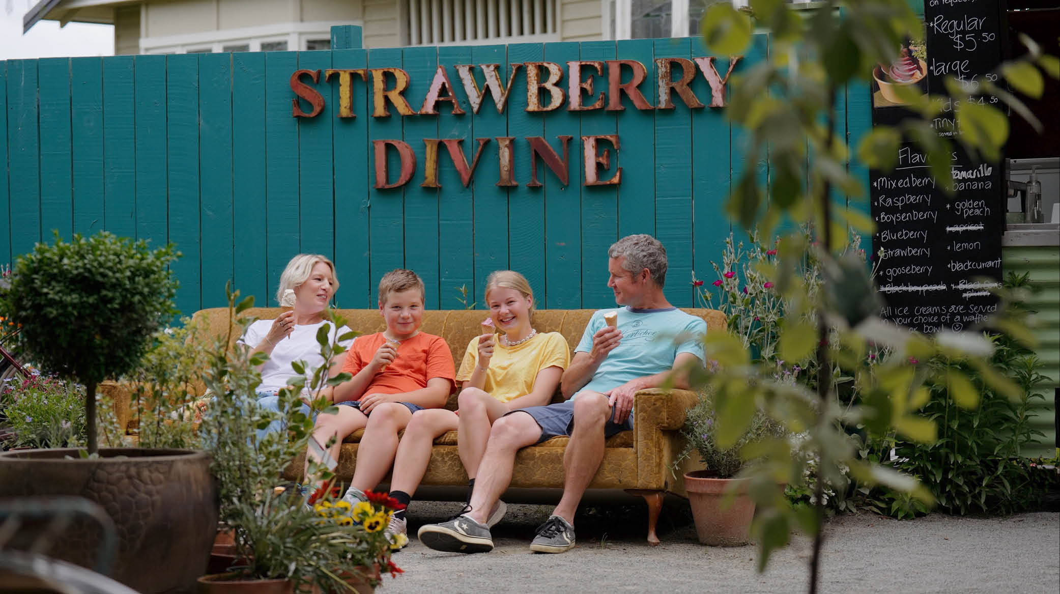 Family eating real fruit ice creams at Strawberry Divine